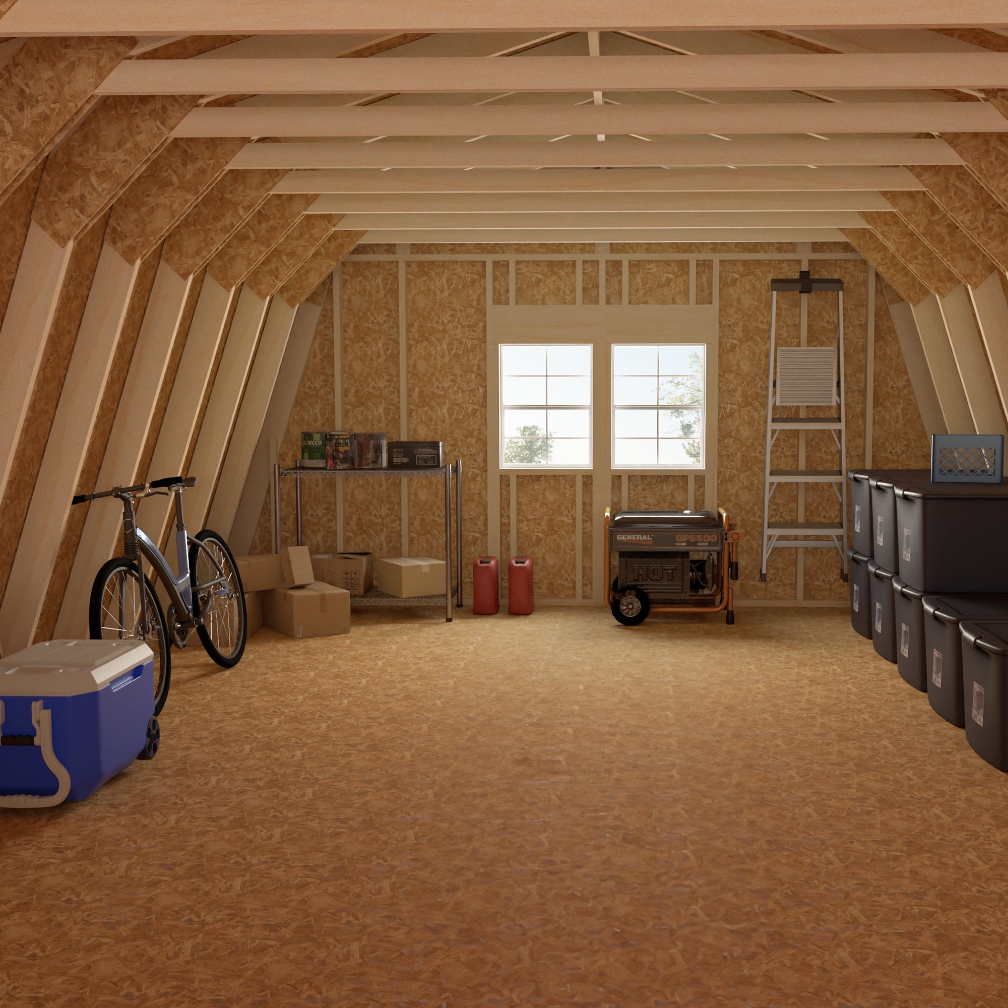 spacious interior of top of two story shed