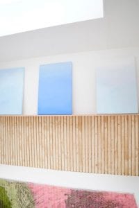 Shed details: Wood panel wall and three blue sky paintings.