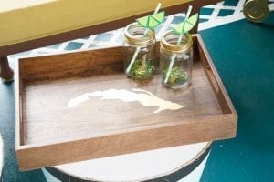 Shed detail: Food serving tray with two drink jars.