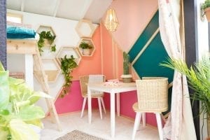 Shed detail: White table with two chairs. Hexagon shelves with plants inside.