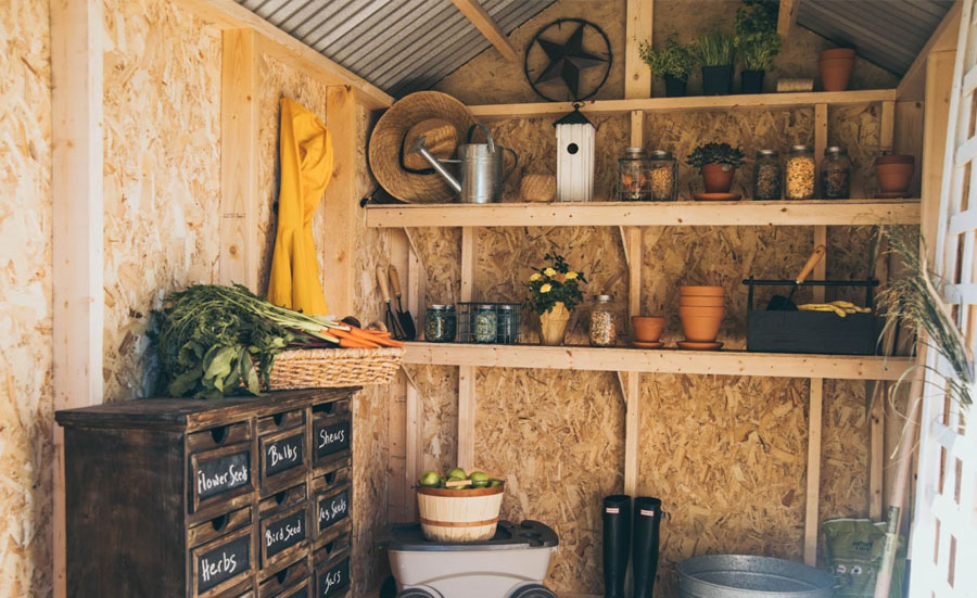 Garden Shed: Shelves lining one wall with potted plants and jars. Drawers labeled with various gardening tools and materials.