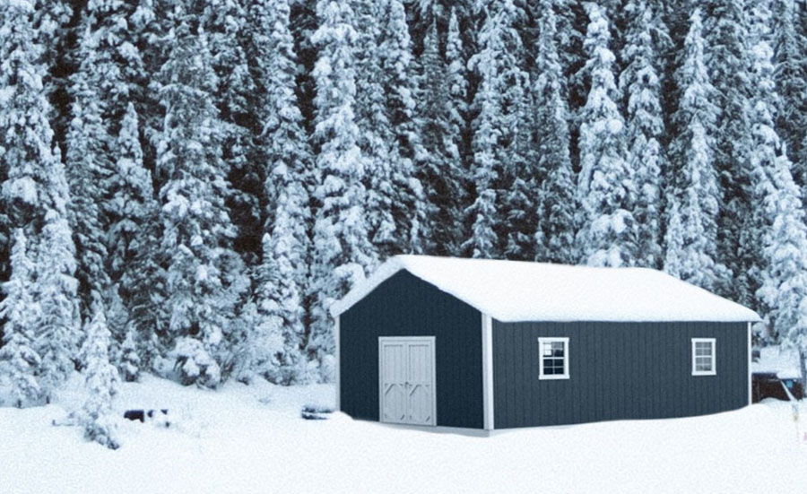 Dark blue garage shed in a snowy scene with pine trees.