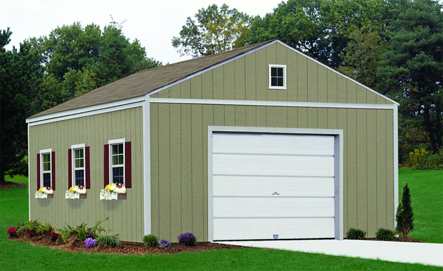 Garage Shed: Olive green exterior and dark red shutters. Roll-up door on one side. Three windows with flower boxes.