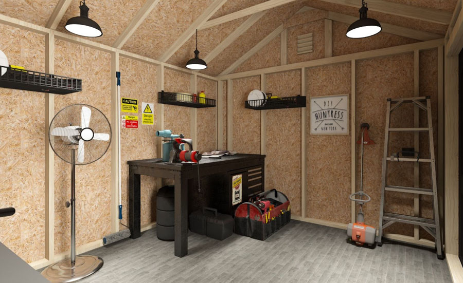 Workshop Shed: Desk with toolbox, standing fan, and hanging light fixtures.
